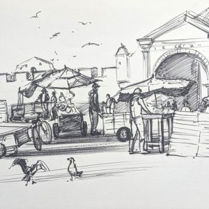 arché animé du vieux port d'Essaouira, avec étals et mouettes sur le quai, saisi au feutre noir.