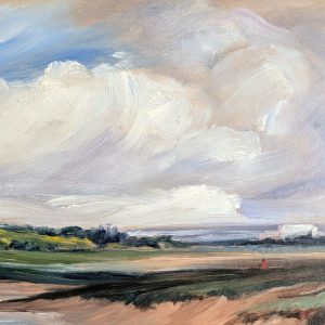 Peinture à l'huile sur carton toilé représentant un paysage de campagne avec une rivière et un promeneur sous un ciel nuageux, l'horizon se dessinant au loin.